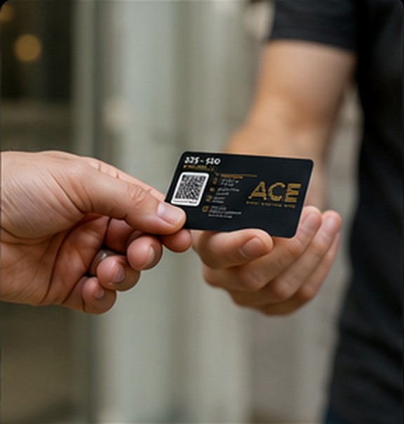 An ACE card handed to someone in person