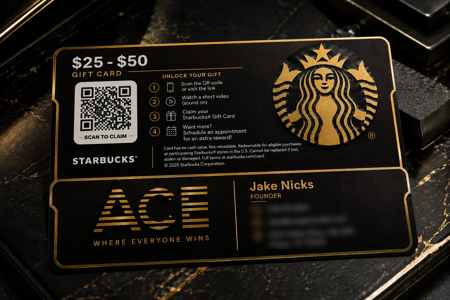 An ACE business card with a Starbucks reward