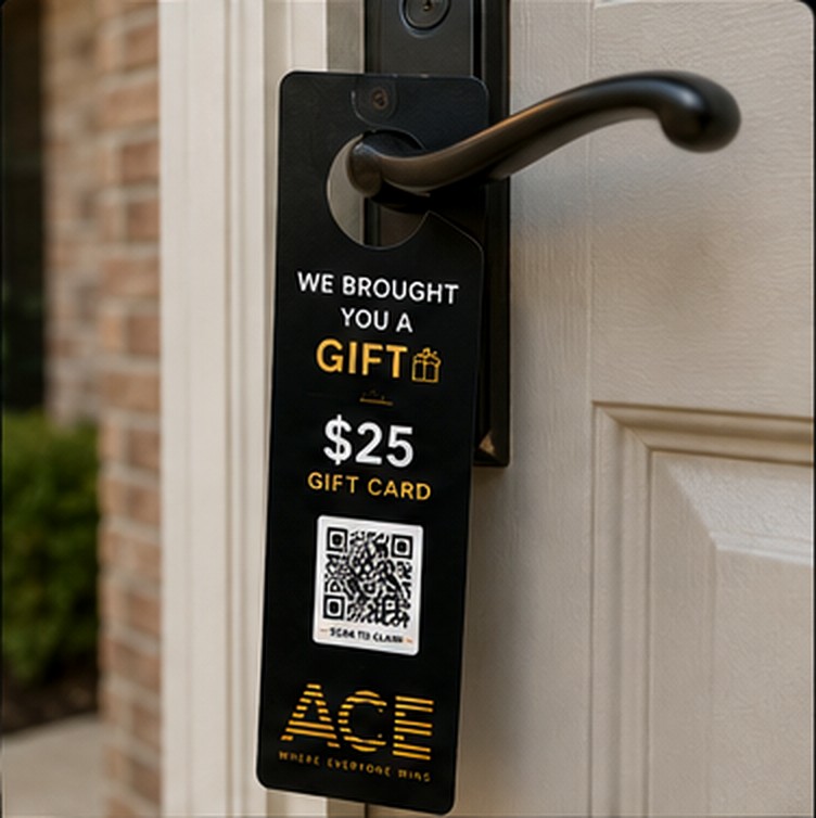 An ACE door hanger left on a front door