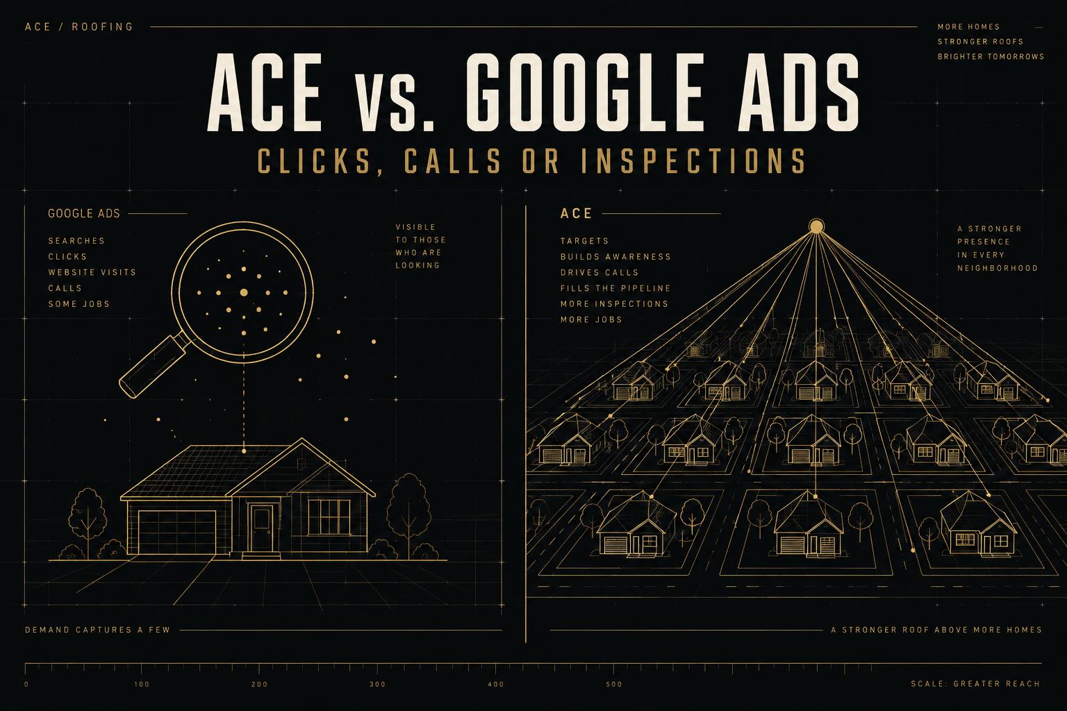 ACE vs. Google Ads for roofers. ACE / Roofing. Gold blueprint comparing a magnifying glass over searching homeowners with lines reaching every home on a street.