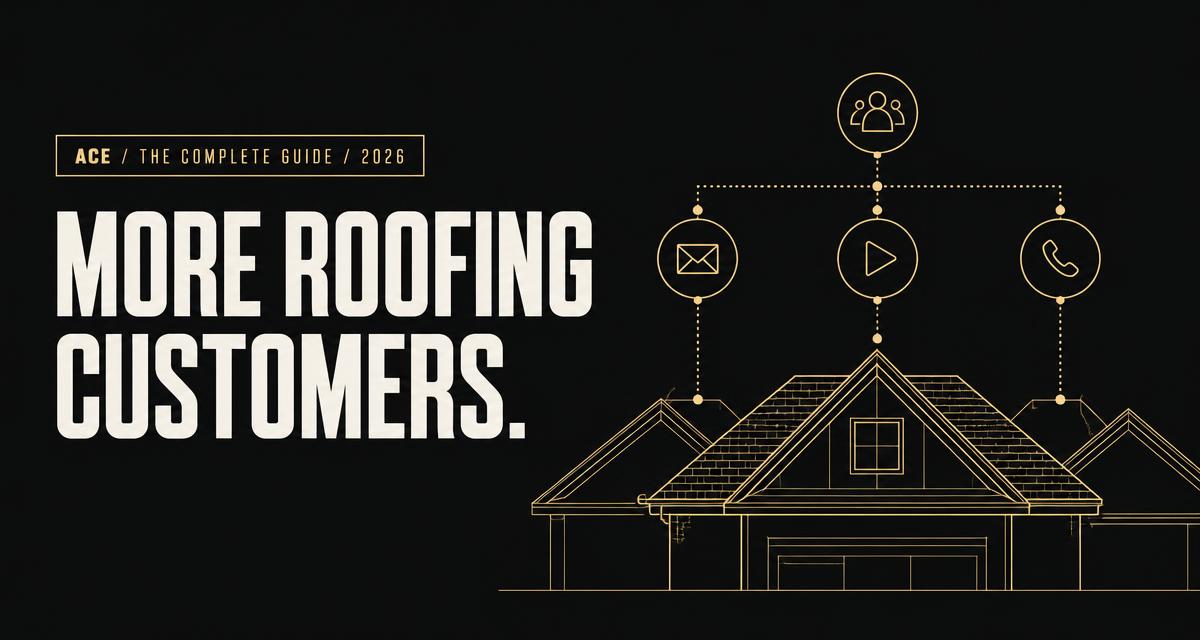 More roofing customers. Gold technical drawings connecting homeowners, mail, video and calls to neighborhood roofs.