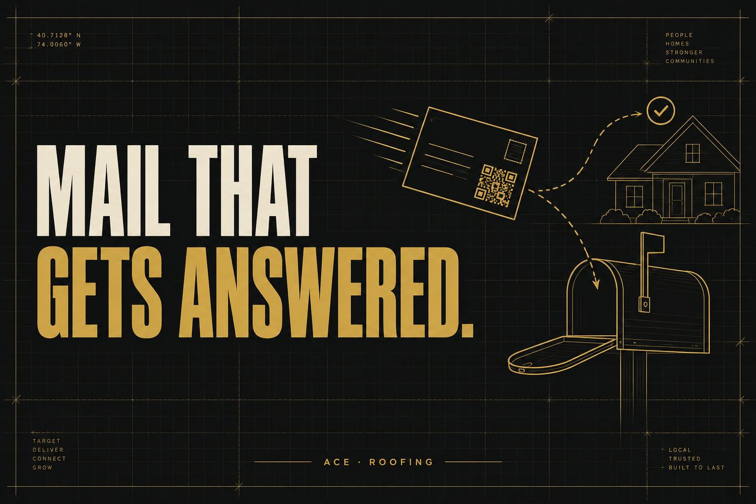 Mail that gets answered. Gold technical drawing of a coded mailer going to a home's mailbox.
