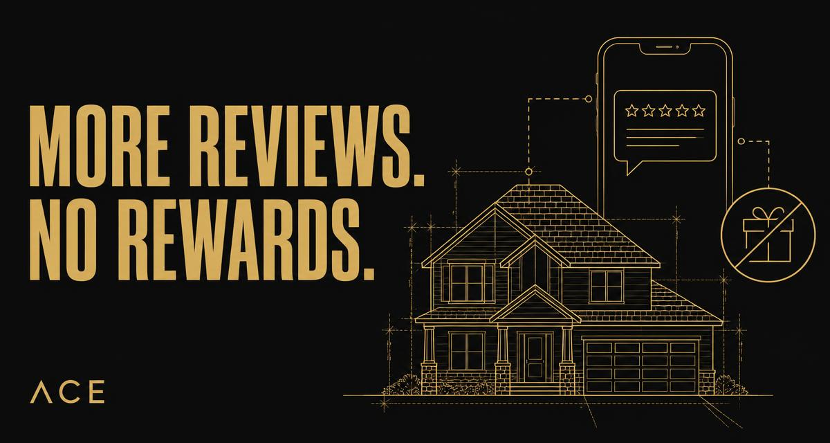 More reviews. No rewards. Gold technical drawings of a roof, a review on a phone and a crossed-out gift.