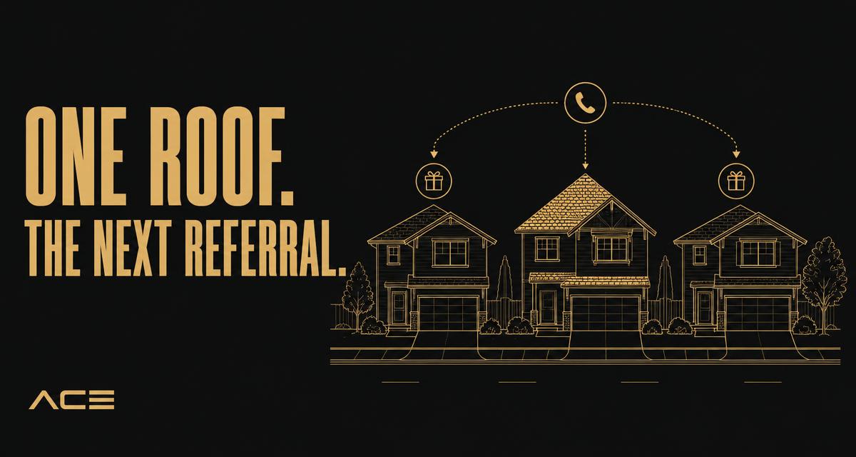 One roof. The next referral. Gold architectural drawings connect neighboring homes with phone and gift symbols.